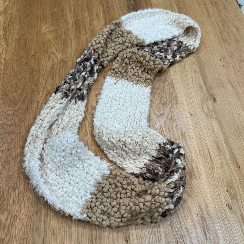 Handmade Chunky Knit Infinity Scarf Multi Texture Metallic Brown Tan Cream 64in